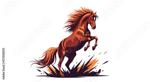 Majestic brown horse rears up with flowing mane and tail on white background