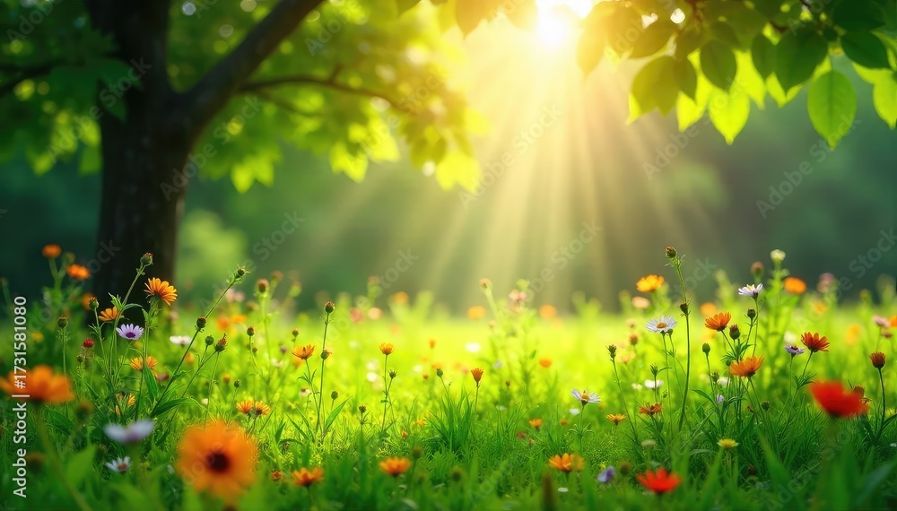 Obraz premium Sunlight streaming through leaves onto a lush green field, illuminating vibrant wildflowers and grass A scene of natural energy exchange and vitality , serene, bloom, sunlight