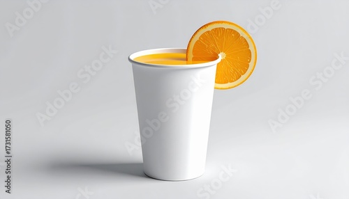 Refreshing orange juice fills a white paper cup, adorned with a vibrant orange slice, against a light gray backdrop, creating a simple yet appetizing presentation, and suggesting a healthy beverage...