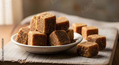 Delicious blocks of jaggery on a rustic wooden board presenting a natural sweetness