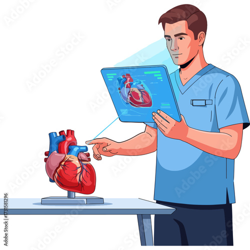 A doctor or surgeon studying the anatomy of the heart through a holographic tablet interface. Symbolizing medical education, cardiac surgery planning, and advances in diagnostic technology.