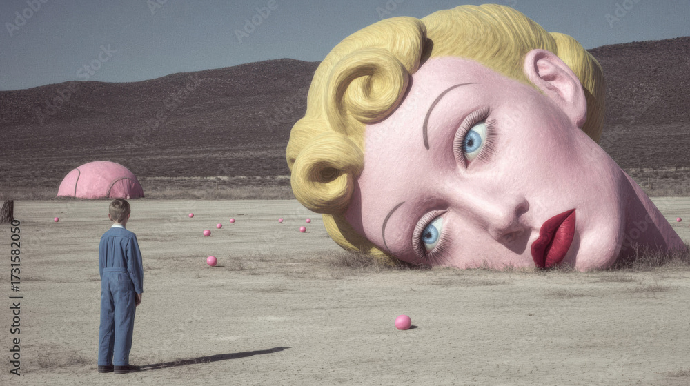 A surreal barren landscape with a young boy in blue pajamas staring at a giant retro woman head with blonde curls, blue eyes and red lips, surrounded by scattered pink objects