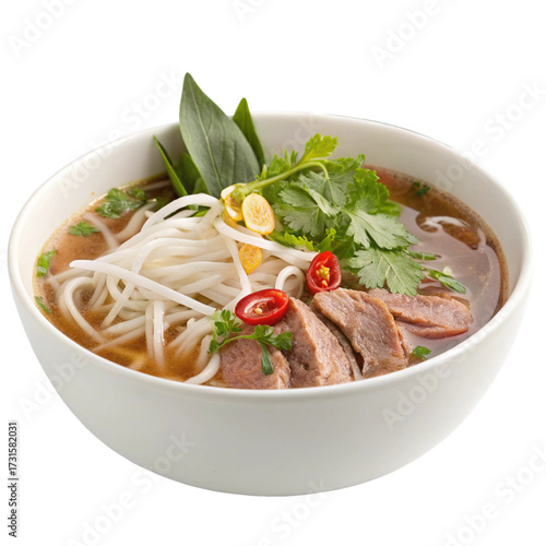 Traditional Pho Bowl with Rice Noodles, Chili, and Lime

