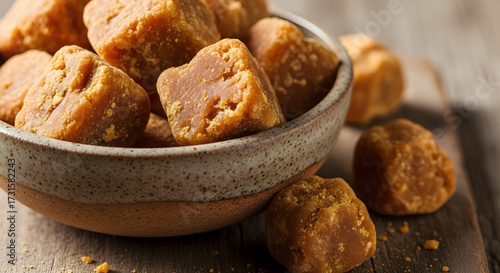 Delicious and golden brown jaggery pieces arranged in a rustic bowl on a wooden surface showcasing