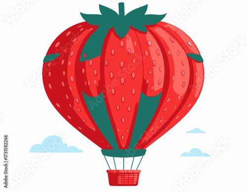 A whimsical illustration of a hot air balloon shaped like a strawberry, with a red basket and green leaves, floating in the sky.