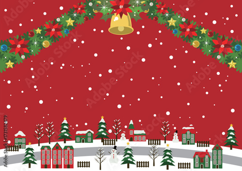 クリスマス背景、街道のある街並み、イラスト、赤、横、かわいい