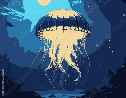 A stylized illustration of a large jellyfish swimming in deep blue water with a glowing moon above.
