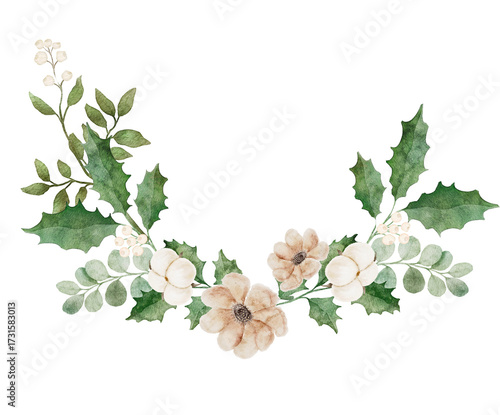 Digital watercolor corner arrangement of subtle winter flowers and foliage, ideal for minimalist stationery and adding a simple botanical accent.