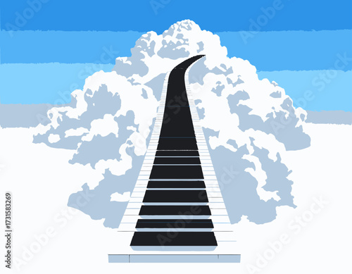 A stylized illustration of a staircase ascending into a fluffy, white cloud formation against a blue sky.