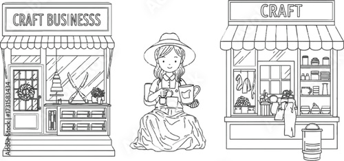 Vector art of line art illustration of craft businesses and a woman with gifts, showcasing handmade products
