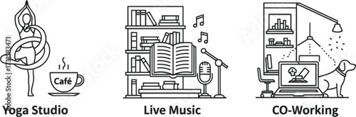 Vector art of vector illustration of yoga studio, live music and coworking space thin line art icons