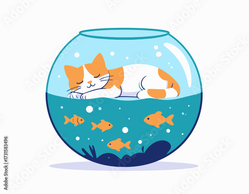 A cartoon illustration of a ginger and white cat sleeping peacefully on top of a round fishbowl filled with water and swimming goldfish.