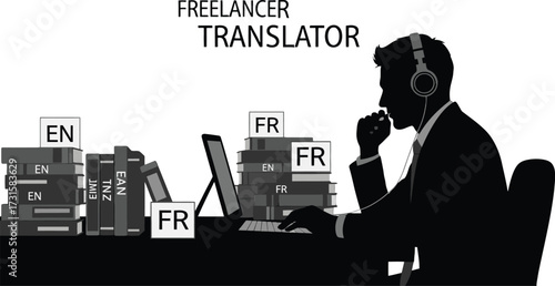 Vector art of freelance translator working on computer with books and headphones silhouette of man typing on laptop