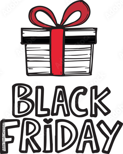 Hand-drawn Black Friday gift box vector with bold stylized text for festive retail promotions and holiday sale campaigns