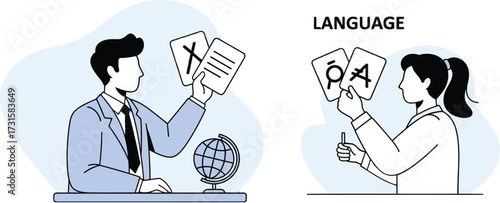 Vector art of two teachers are teaching different languages with flashcards man with globe and woman with ponytail
