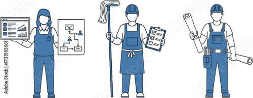Vector art of team of workers with different occupations plumber, cleaner, architect, and project manager