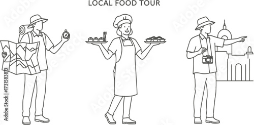 Vector art of local food tour with a tourist holding a map