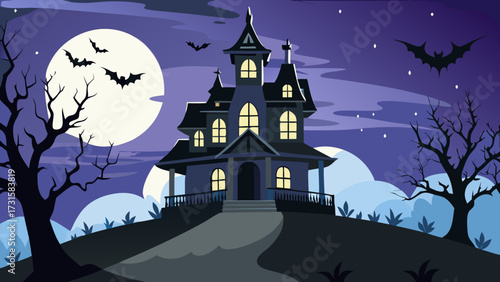 Spooky haunted house on a hill under a full moon with bats flying in a foggy night sky vector