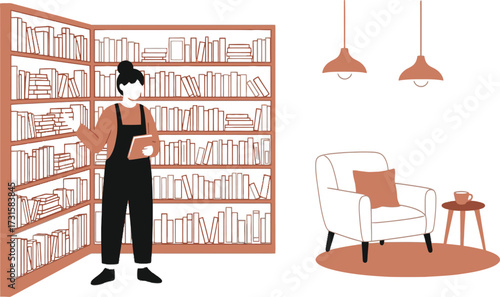 Vector art of a woman standing in front of a bookshelf in a cozy room with a chair and a lamp