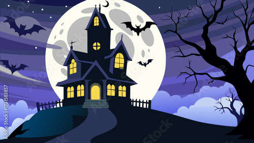 Spooky haunted house on a hill with bats flying under a large full moon at night halloween