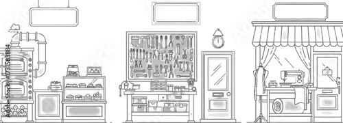 Vector art of various shop fronts showing different businesses in black and white