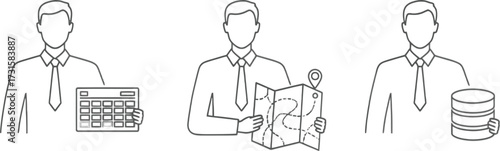 Three business people with different skills, including accounting, strategy and database