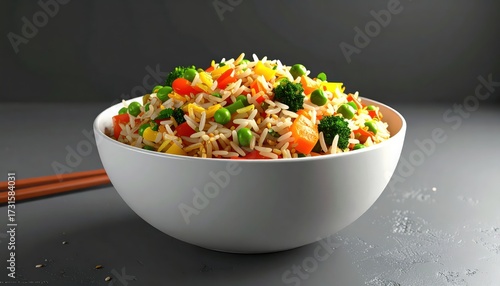 Freshly prepared, colorful fried rice features mixed vegetables and grains within a white bowl, beside a set of chopsticks, presented on a grey surface.