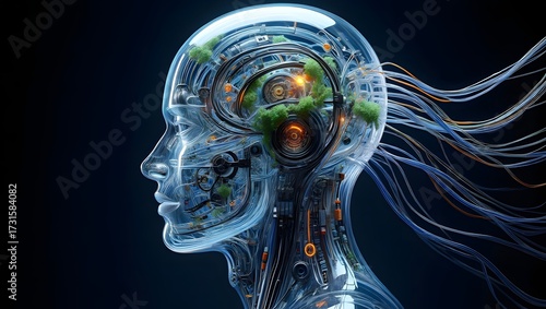 Artificial intelligence and nature combine in a futuristic transparent robot head