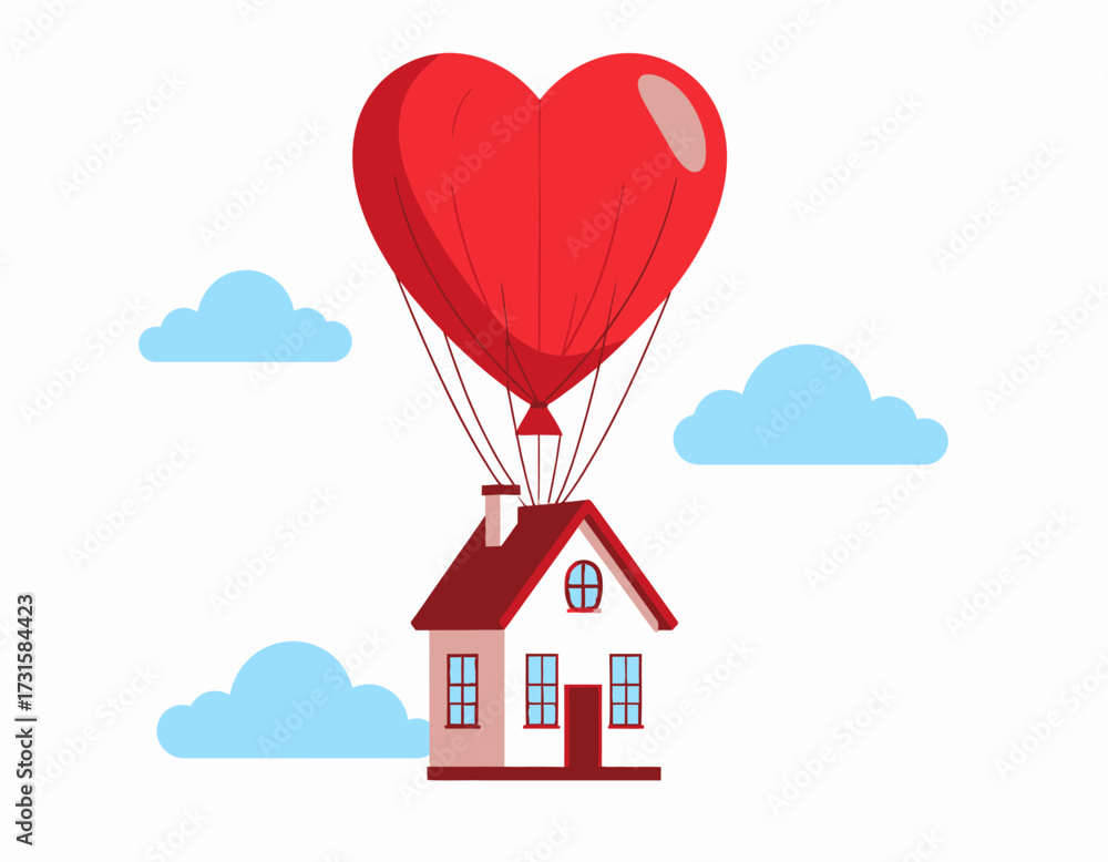 Naklejka premium A small house is lifted into the air by a large, red heart-shaped hot air balloon, surrounded by fluffy blue clouds.
