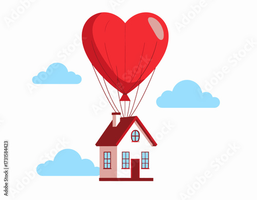 A small house is lifted into the air by a large, red heart-shaped hot air balloon, surrounded by fluffy blue clouds.
