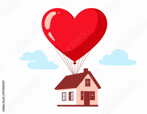 A house is being lifted into the air by a large red heart-shaped balloon, with blue clouds in the background.