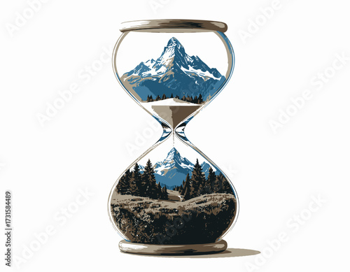 Hourglass with mountain landscape inside, representing the passage of time and the beauty of nature.