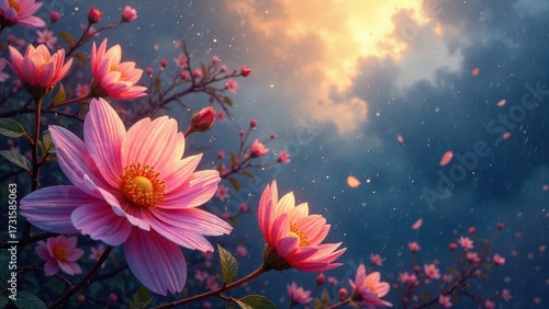Pink Blossoms Dancing in a Gentle Rain Shower Under a Serene Sunset Sky