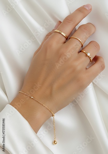 Elegant hand with jewelry against a white cloth background