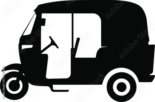 Black Silhouette Icon of an Auto Rickshaw with Open Door and Steering Wheel transportation