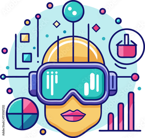 Virtual Reality Headset with Human Face and Data Analytics Symbols
