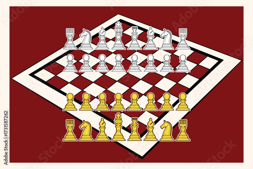 Illustration vector set of chess game included king queen bishop rook horse or knight and pawns background with chess board drawing in colorful cartoon vector