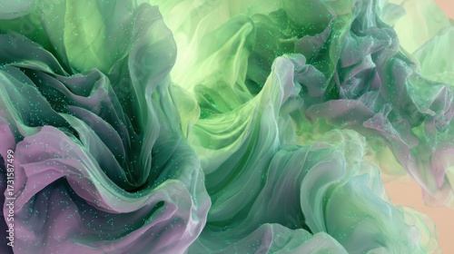 Abstract surreal flowing shapes glowing in neon green with soft pastel gradients (pink, lavender, aqua, peach), fluid textures like silk and smoke, glowing particles shimmering through
