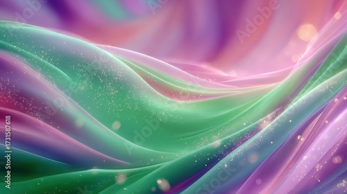Abstract surreal flowing shapes glowing in neon green with soft pastel gradients (pink, lavender, aqua, peach), fluid textures like silk and smoke, glowing particles shimmering through
