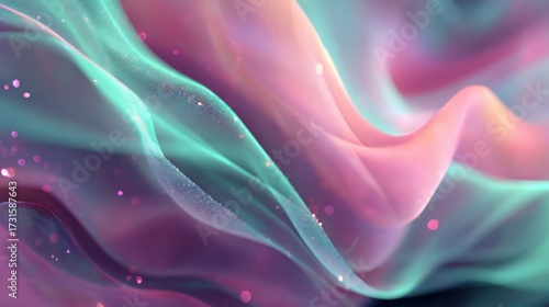 Abstract surreal flowing shapes glowing in neon green with soft pastel gradients (pink, lavender, aqua, peach), fluid textures like silk and smoke, glowing particles shimmering through
