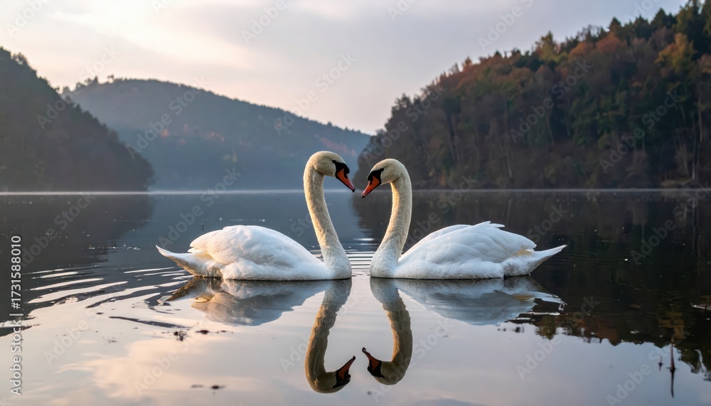 Fototapeta premium Two swans elegantly face each other with their necks intertwined, creating a heart shape reflected in the calm water, as they float serenely on a tranquil lake.