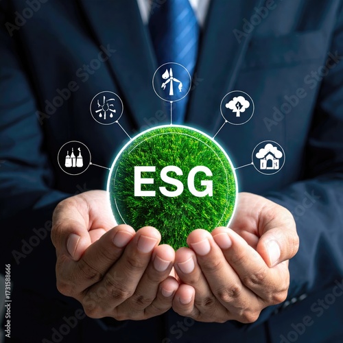 Hands holding a green ESG globe with environmental icons