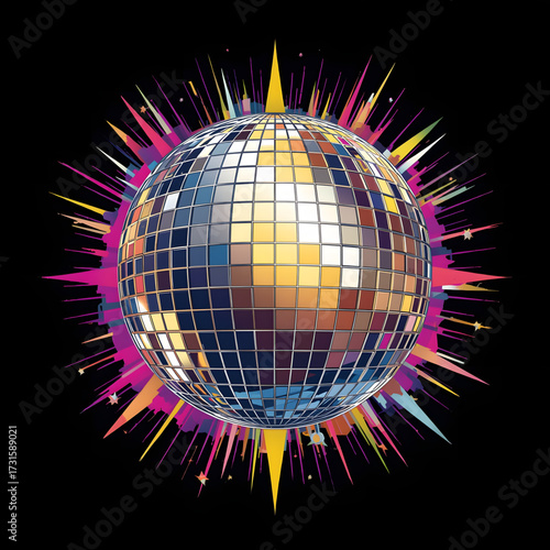 Retro disco ball vector with glowing color splash, metallic party sphere for dance event poster, vibrant nightlife entertainment celebration, music festival concept
