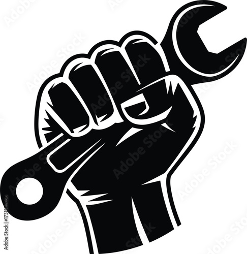 Black Silhouette of a Fist Holding a Wrench Symbolizing Labor or Industry icon