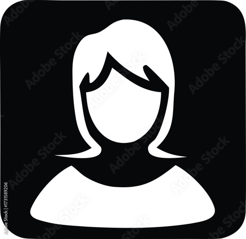 Simple white silhouette of a woman's head and shoulders against a dark square frame perfect for user profiles and icons