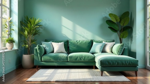 Serene Green Sectional Sofa in a Sunlit Room with Lush Potted Plants