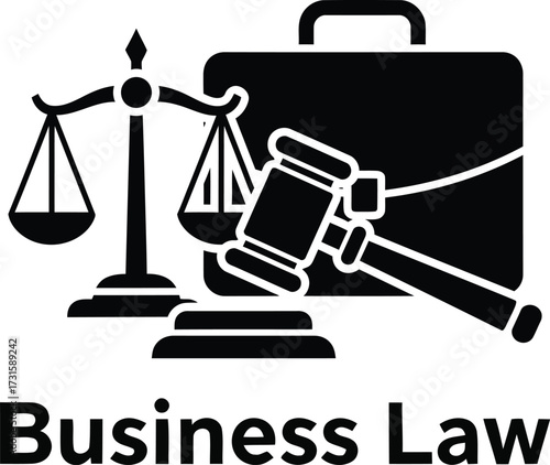 Business law symbolism with scales of justice gavel and briefcase