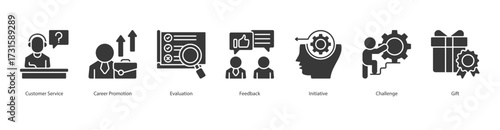 Employee Engagement Program glyph banner web icon set vector illustration concept with icon of customer service, career promotion, evaluation, feedback, initiative, challenge, gift