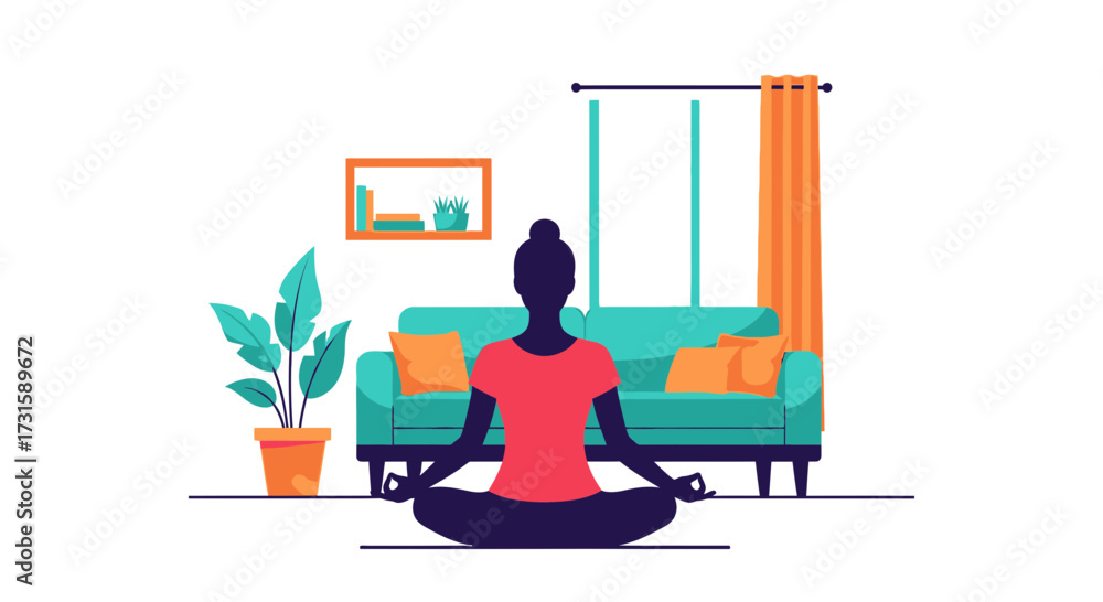 Fototapeta premium Woman meditating in lotus position flat vector illustration of yoga practice at home for relaxation 