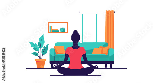 Woman meditating in lotus position flat vector illustration of yoga practice at home for relaxation 